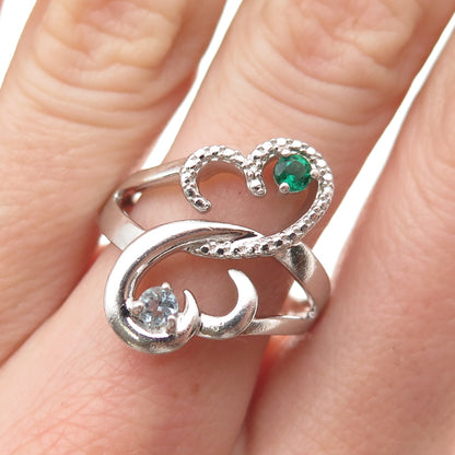 925 Sterling Silver Round-Cut Blue & Green C Z Interlocked Heart Ring Size 7.5