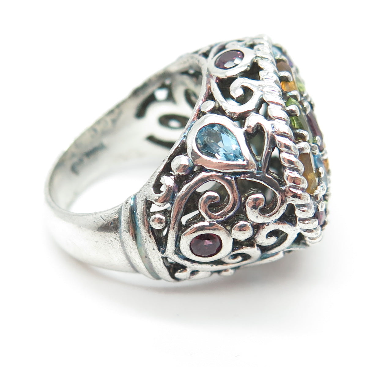 925 Sterling Silver Vintage Amethyst Citrine Peridot Topaz Gem Ring Size 7.25