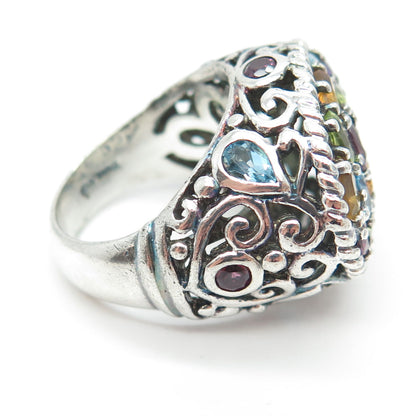 925 Sterling Silver Vintage Amethyst Citrine Peridot Topaz Gem Ring Size 7.25