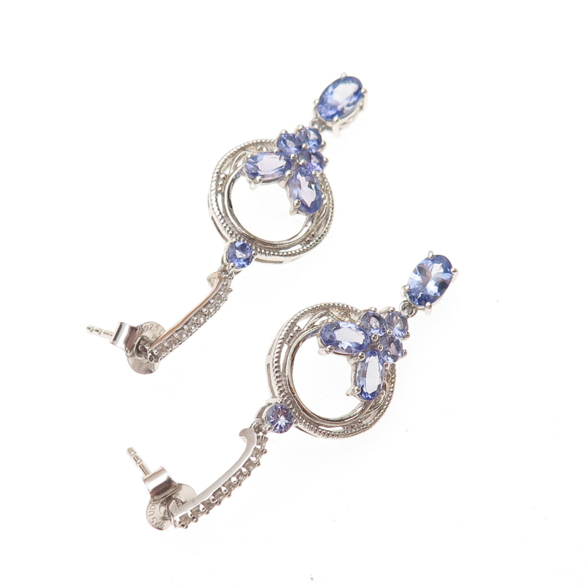 Chuck Clemency 925 Sterling Silver Real Tanzanite & White Topaz Dangle Earrings