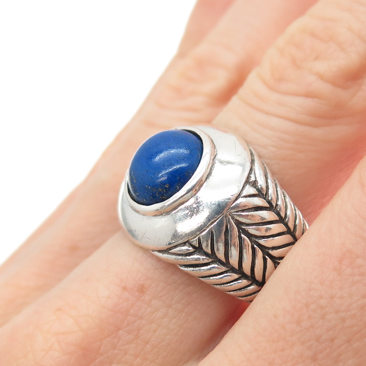BASK 925 Sterling Silver Vintage Real Lapis Lazuli Wheat Braided Ring Size 10