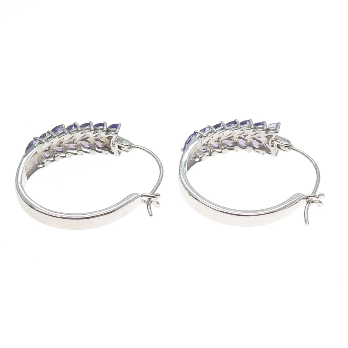 925 Sterling Silver Real Marquise-Cut Amethyst Laurel Hoop Earrings