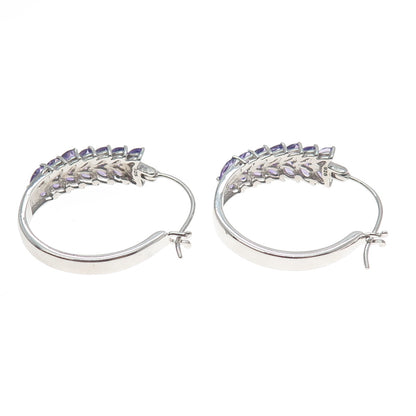 925 Sterling Silver Real Marquise-Cut Amethyst Laurel Hoop Earrings