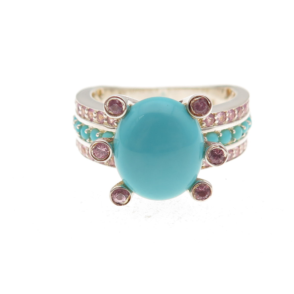 925 Sterling Silver Real Turquoise Pink Topaz & Sapphire Ring Size 8