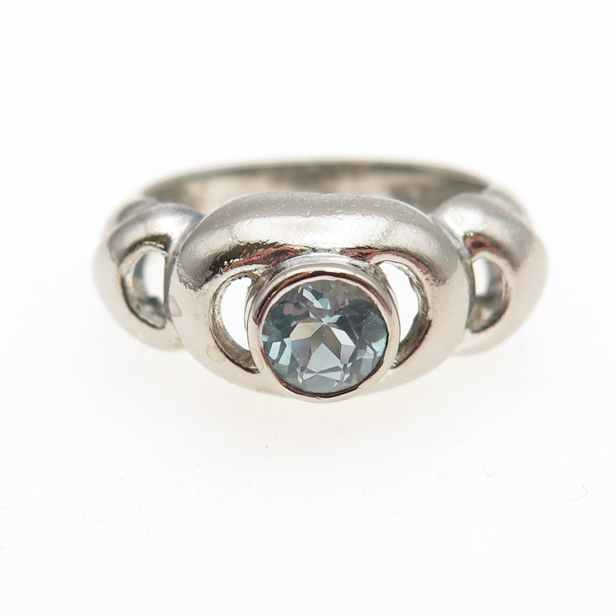 925 Sterling Silver Vintage Real Round-Cut Blue Topaz Modernist Ring Size 7