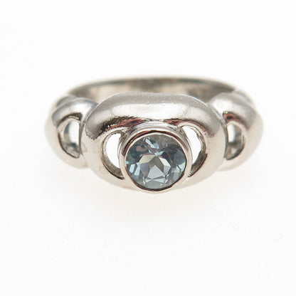 925 Sterling Silver Vintage Real Round-Cut Blue Topaz Modernist Ring Size 7