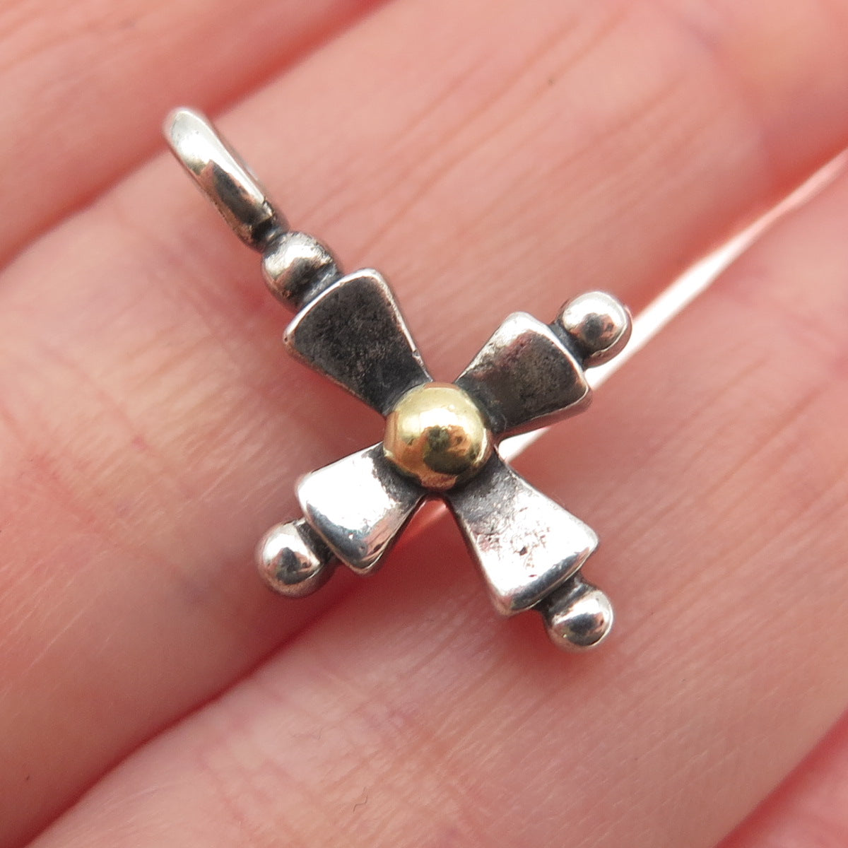 925 Sterling Silver 14K Gold Vintage Modernist Cross Oxidized Charm Pendant