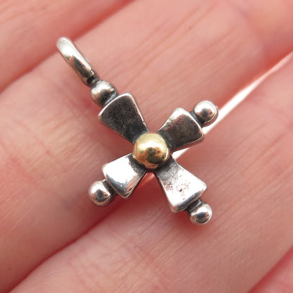 925 Sterling Silver 14K Gold Vintage Modernist Cross Oxidized Charm Pendant