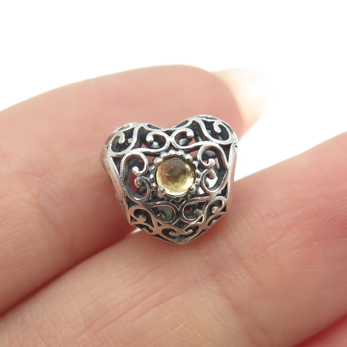 PANDORA 925 Sterling Silver Real Citrine Gemstone Ornate Heart Bead Charm