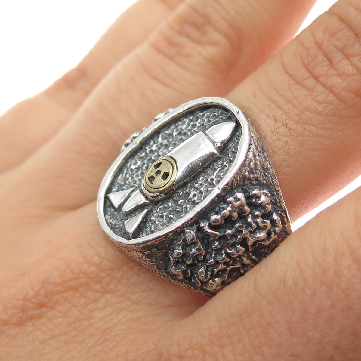 925 Sterling Silver 2-Tone Vintage Nuclear Bomb Biker Oxidized Ring Size 11.25