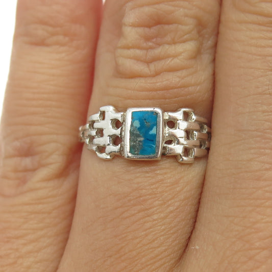 925 Sterling Silver Vintage European Real Kingman Turquoise Mesh Ring Size 6.75