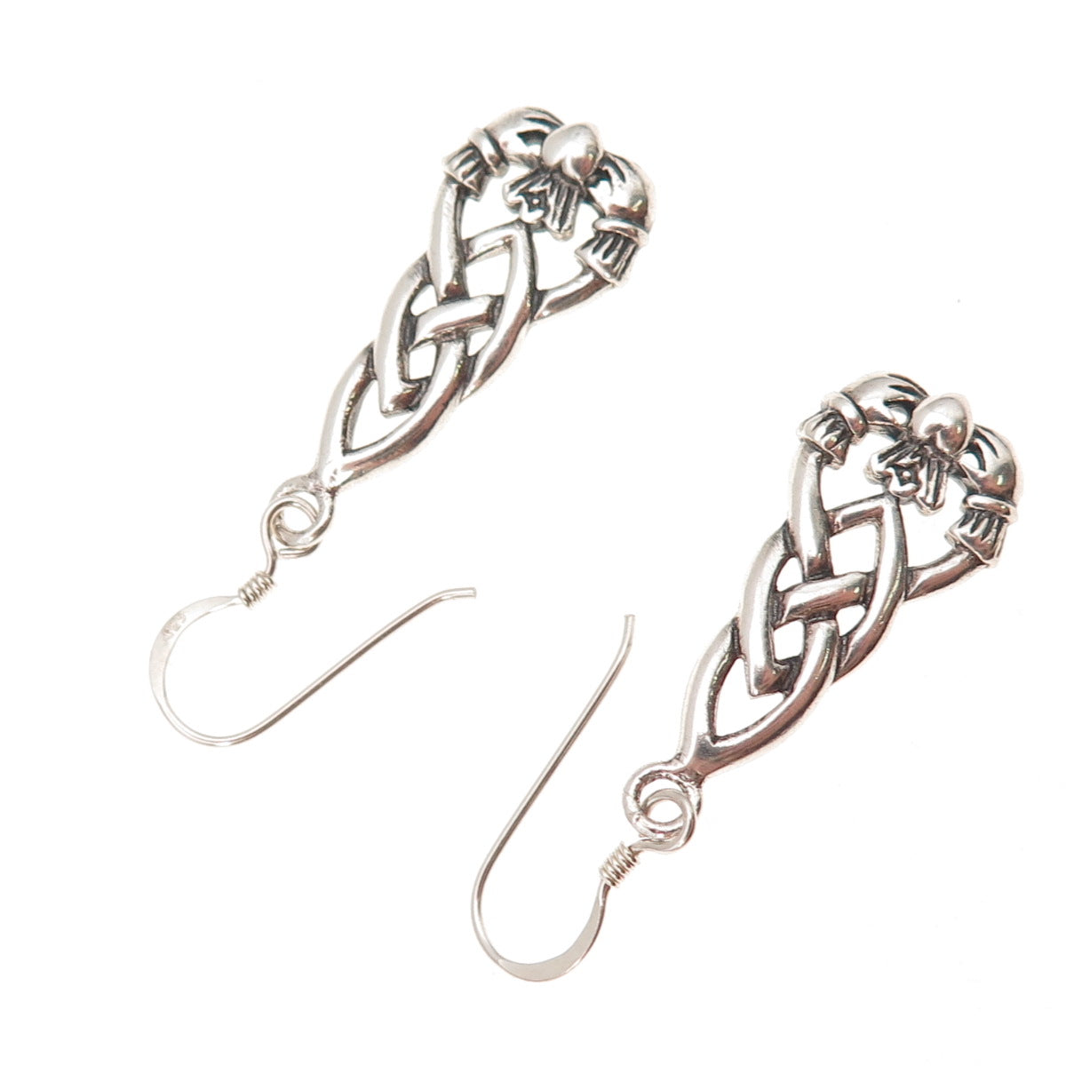 925 Sterling Silver Vintage Irish Claddagh Oxidized Dangle Earrings