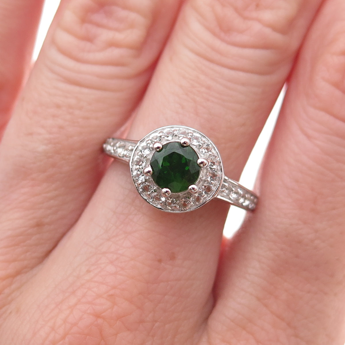 925 Sterling Silver Real Round-Cut Peridot & White Topaz Ring Size 8