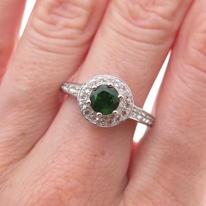925 Sterling Silver Real Round-Cut Peridot & White Topaz Ring Size 8