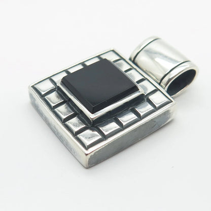 925 Sterling Silver Vintage Sunstone Imports Black Onyx Gem Square Pendant