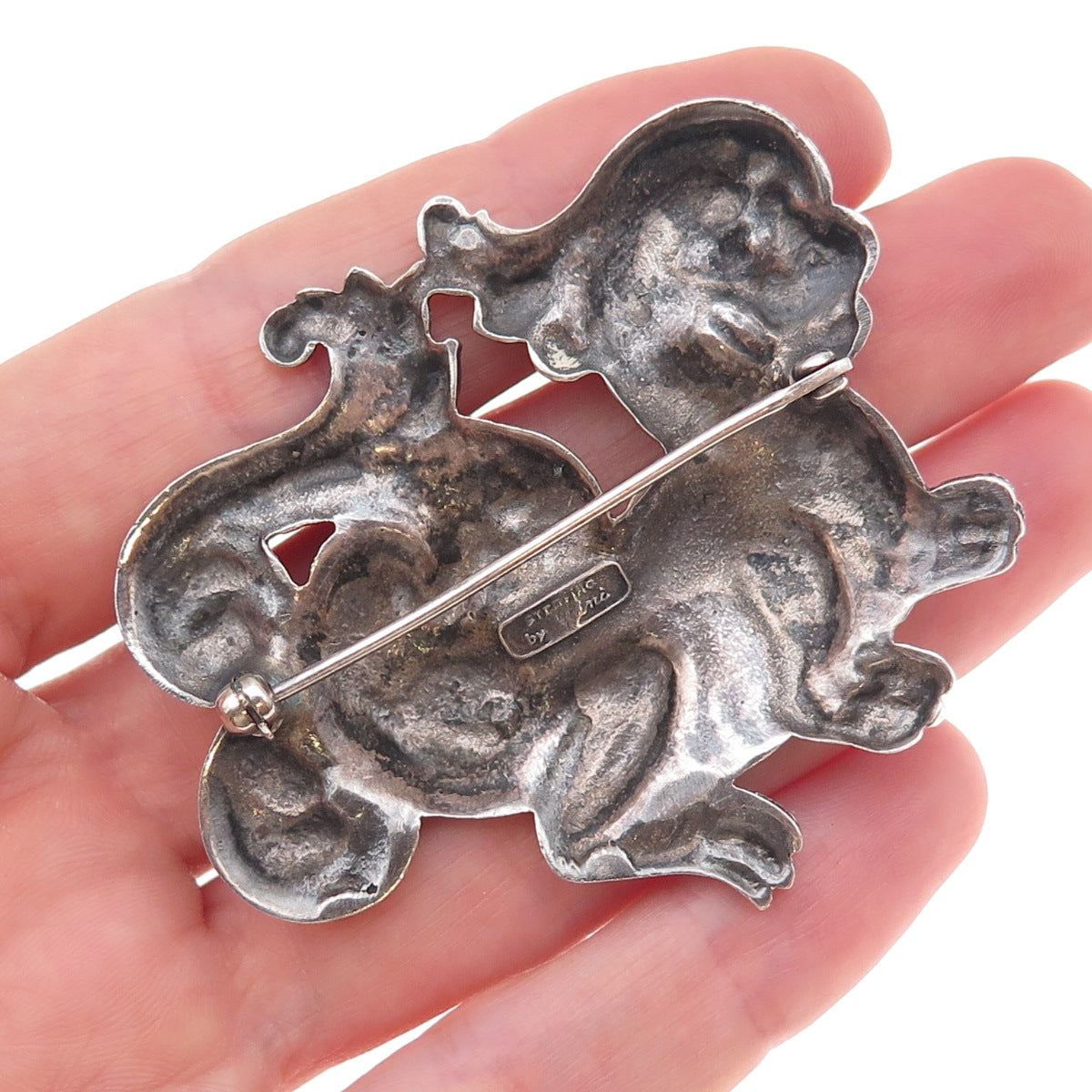 Cini 925 Sterling Silver Antique Art Deco Dragon Repousse Oxidized Pin Brooch