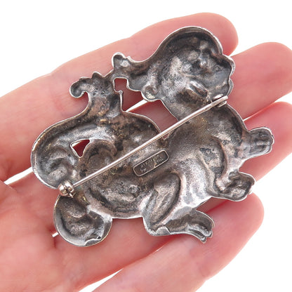 Cini 925 Sterling Silver Antique Art Deco Dragon Repousse Oxidized Pin Brooch