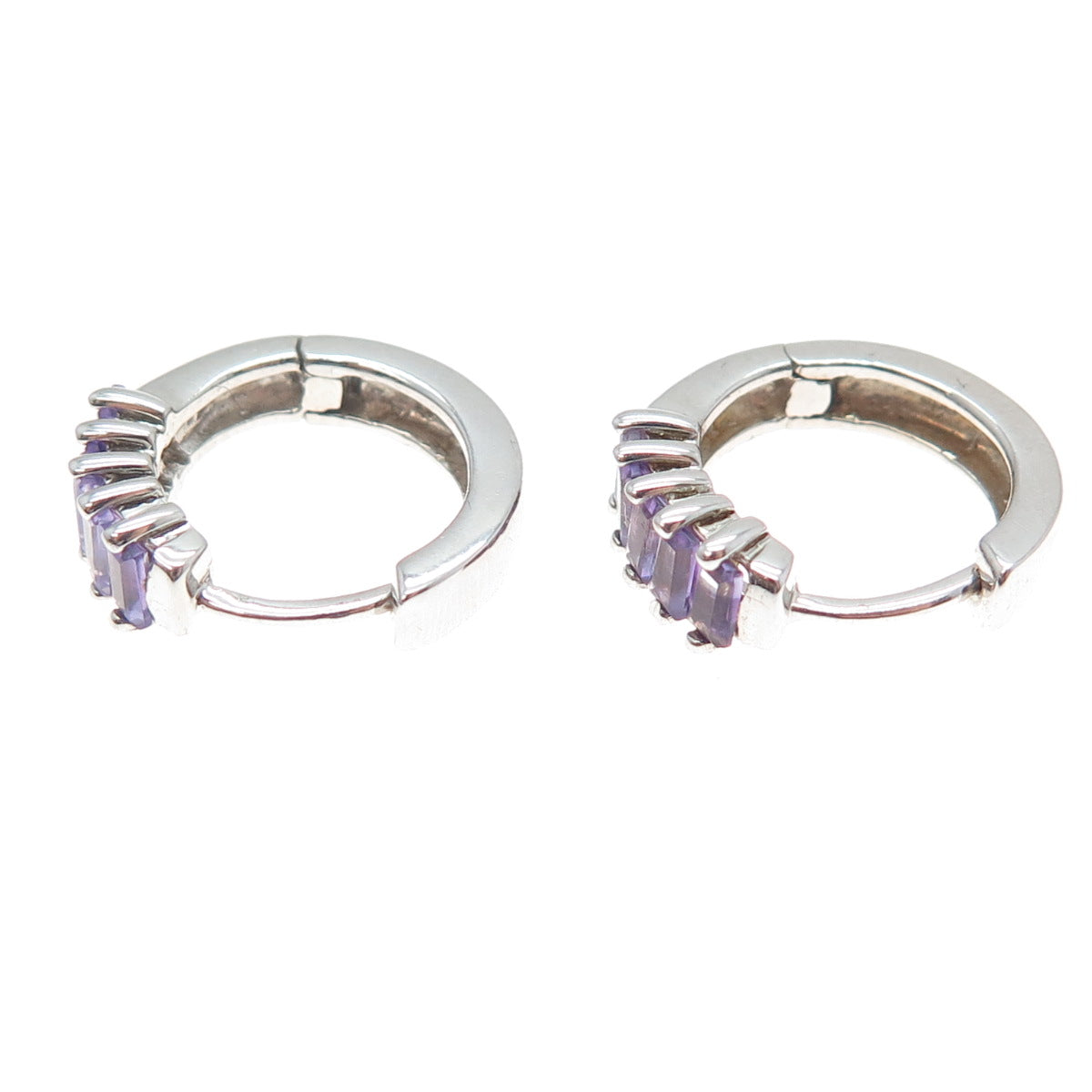 925 Sterling Silver Real Emerald-Cut Amethyst Hoop Earrings