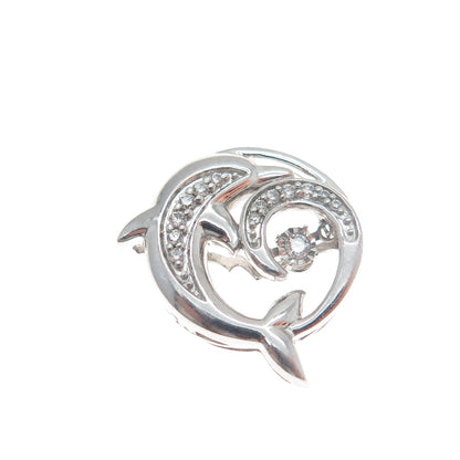 925 Sterling Silver Round-Cut Shaped C Z Friendly Dolphin Slide Pendant