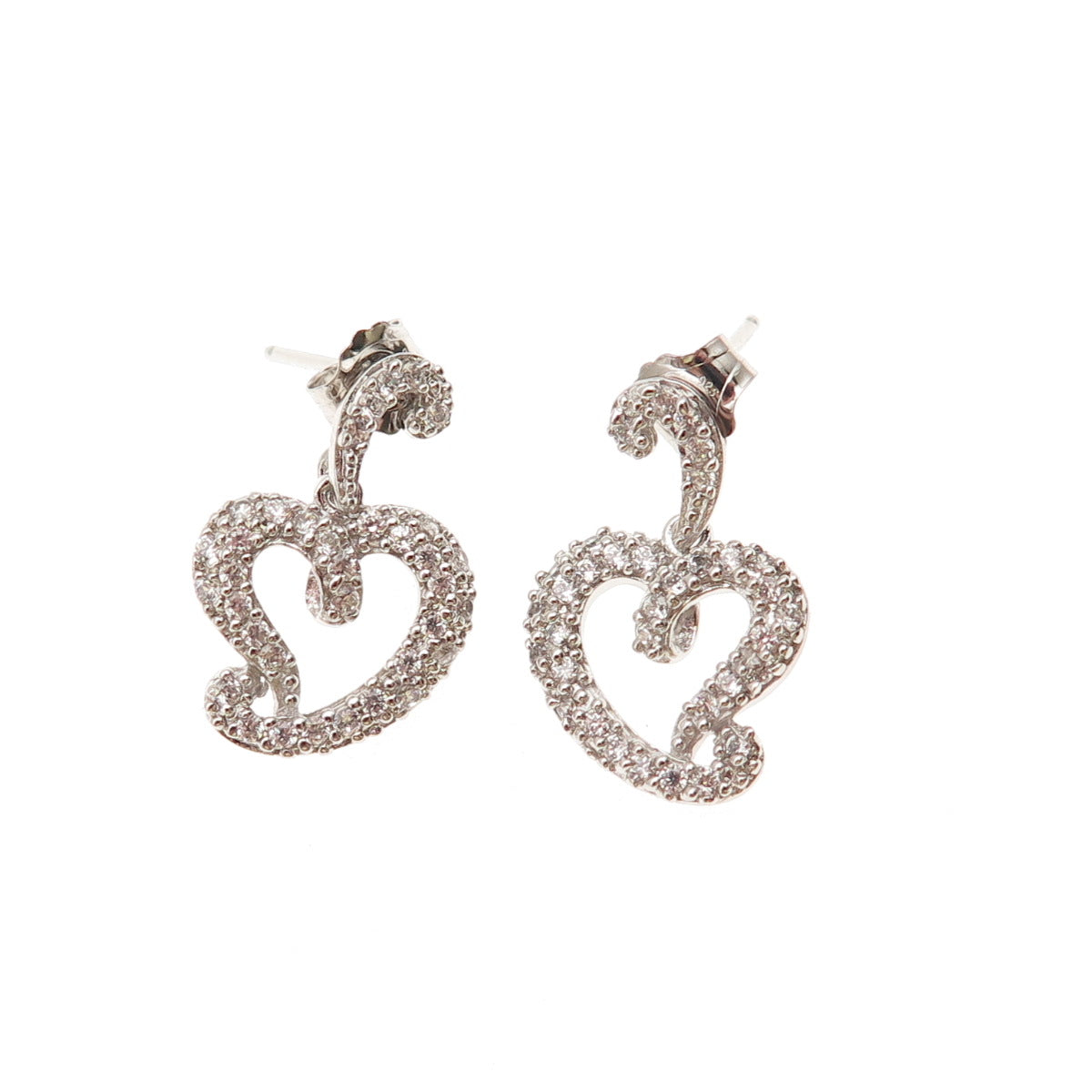925 Sterling Silver Round-Cut C Z Heart Dangle Earrings