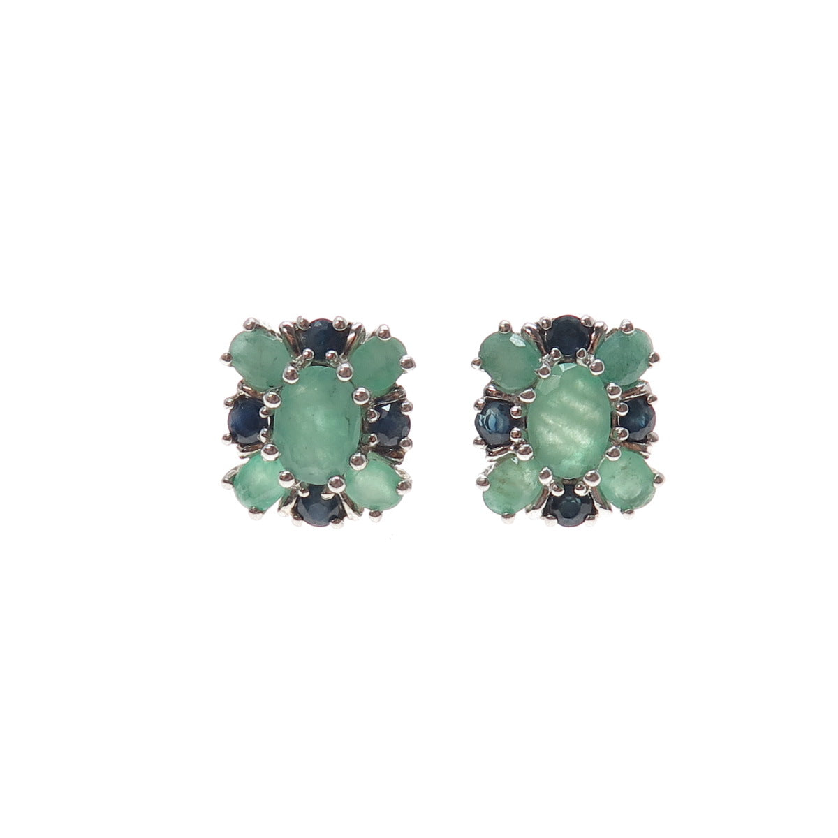 925 Sterling Silver Vintage Real Oval-Cut Emerald & Round-Cut Sapphire Earrings