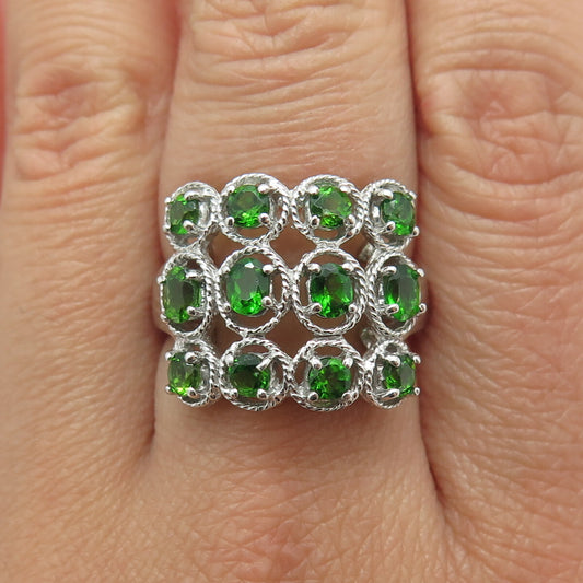 LOTUS 925 Sterling Silver Real Peridot Gem Twisted Accent Square Ring Size 7.25