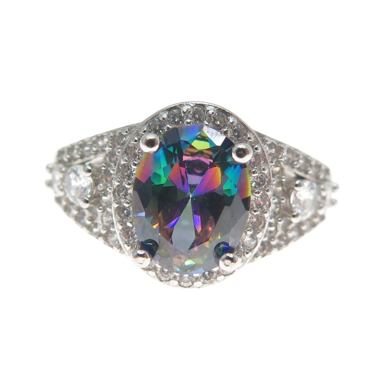 925 Sterling Silver Real Oval-Cut Mystic Quartz & C Z Cluster Ring Size 7.25