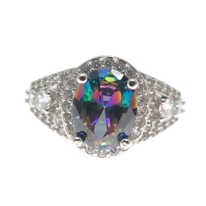 925 Sterling Silver Real Oval-Cut Mystic Quartz & C Z Cluster Ring Size 7.25