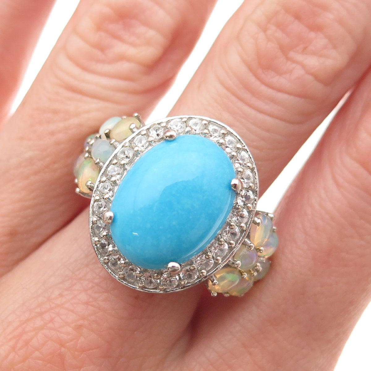 Chuck Clemency 925 Sterling Silver Real Turquoise Opal & White Topaz Ring Size 8