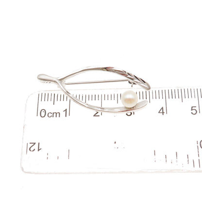 Marvel 925 Sterling Silver Antique Art Deco Real Pearl Wishbone Pin Brooch