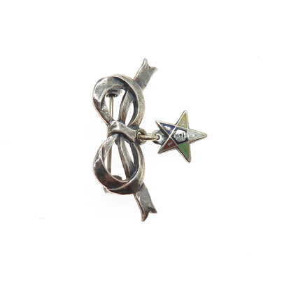 925 Sterling Silver Antique Art Deco Enamel Eastern Star Masonic Bow Pin Brooch