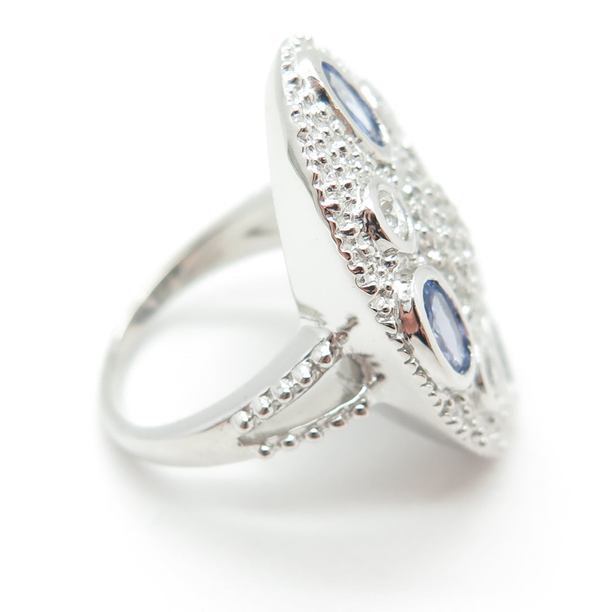 DSMK 925 Sterling Silver White Topaz & Tanzanite Gem Statement Ring Size 7.25