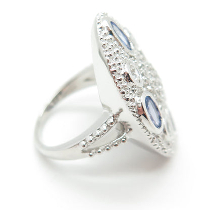 DSMK 925 Sterling Silver White Topaz & Tanzanite Gem Statement Ring Size 7.25