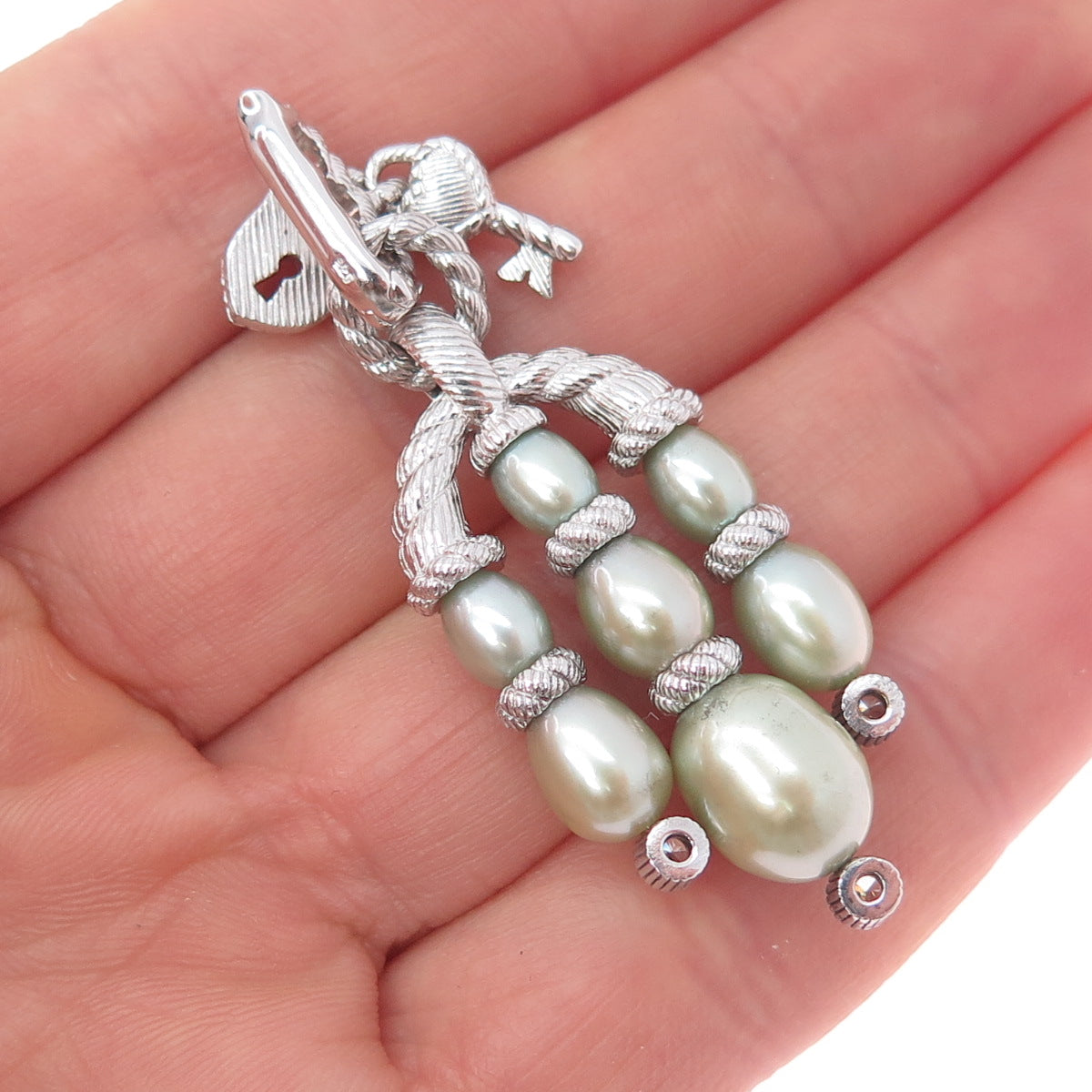 925 Sterling Silver Real Pearl & C Z Heart Key Padlock Dangle Pendant