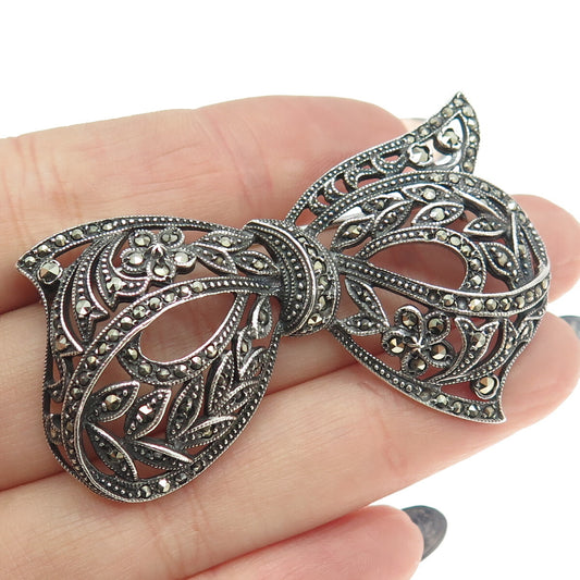 925 Sterling Silver Vintage Real Marcasite Floral Bow Pin Brooch