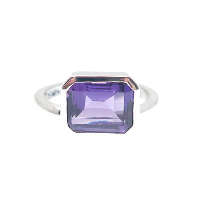 925 Sterling Silver Real Emerald-Cut Amethyst Gemstone Ring Size 6