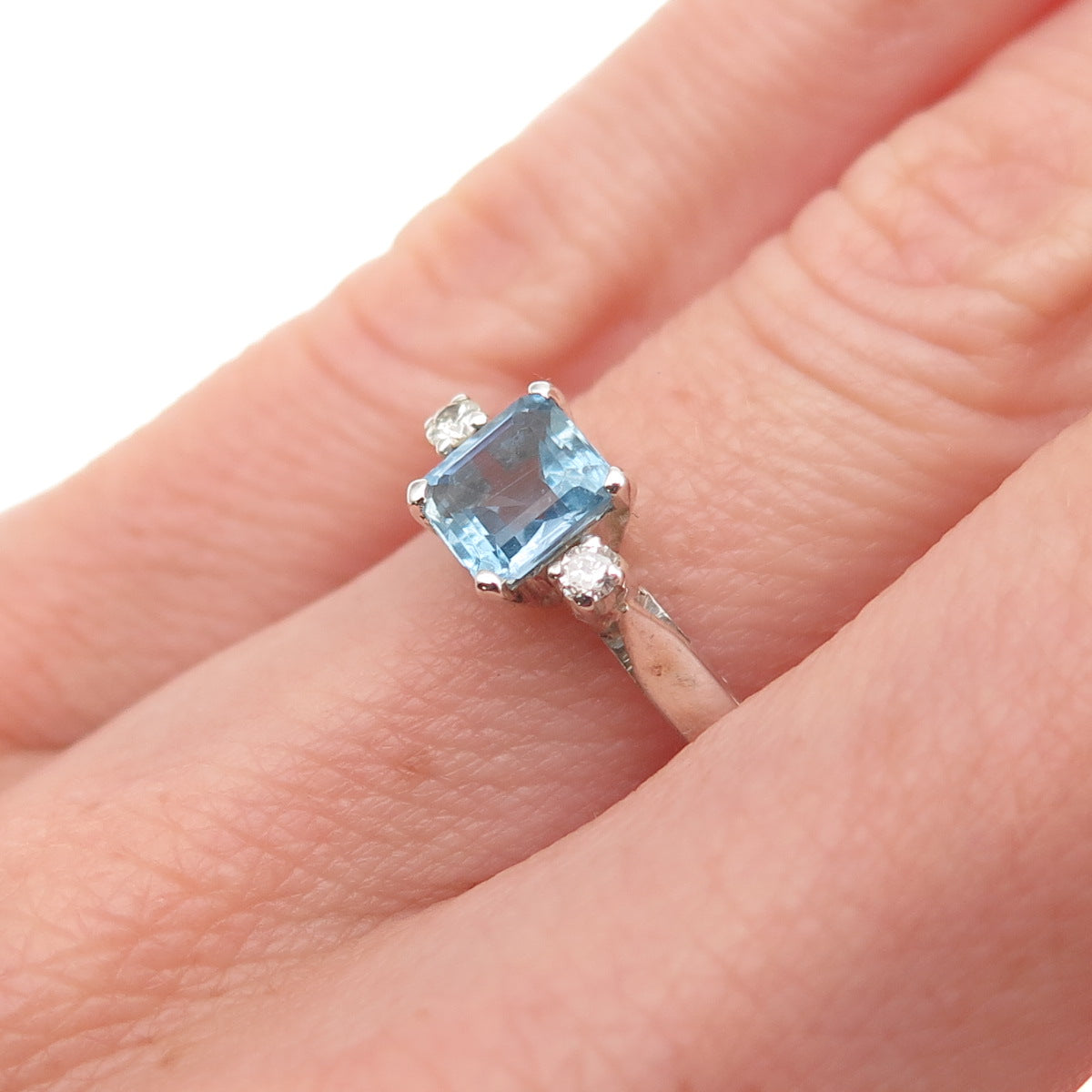 925 Sterling Silver Vintage Real Diamond & Aquamarine Ring Size 5.75