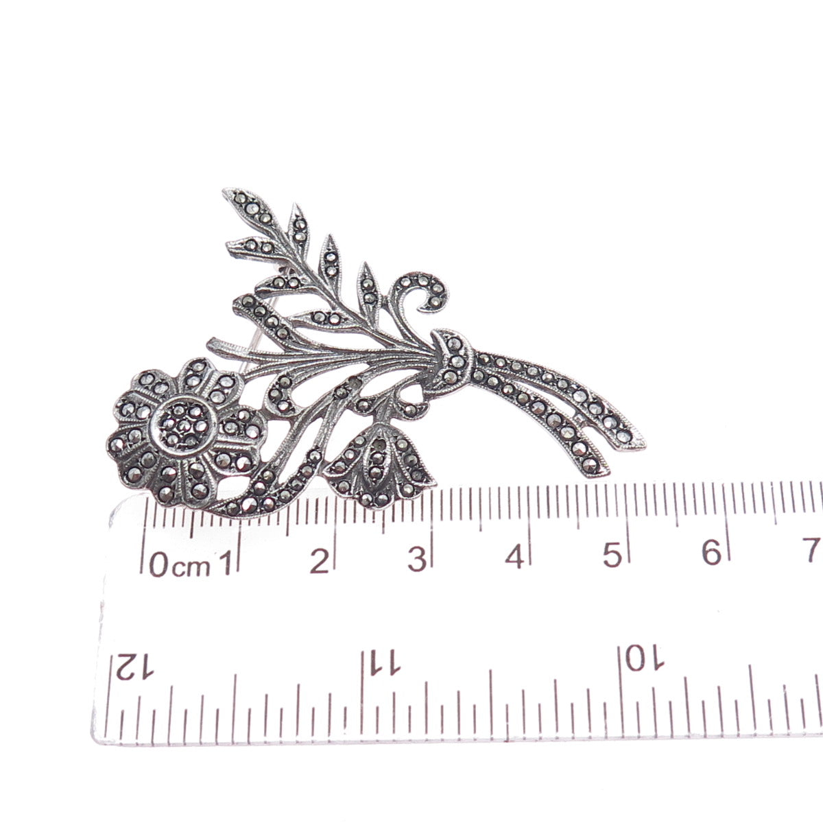 925 Sterling Silver Antique Real Marcasite Flower Pin Brooch (missing 2 stones)