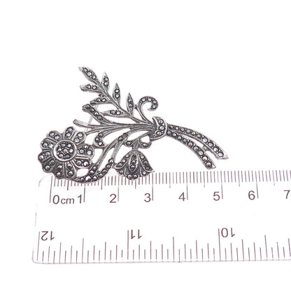 925 Sterling Silver Antique Real Marcasite Flower Pin Brooch (missing 2 stones)