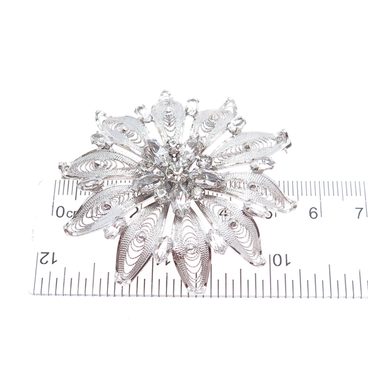 AM LEE Sterling Silver Antique Art Deco Rhinestone Flower Filigree Pin Brooch