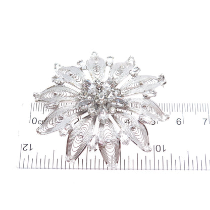 AM LEE Sterling Silver Antique Art Deco Rhinestone Flower Filigree Pin Brooch