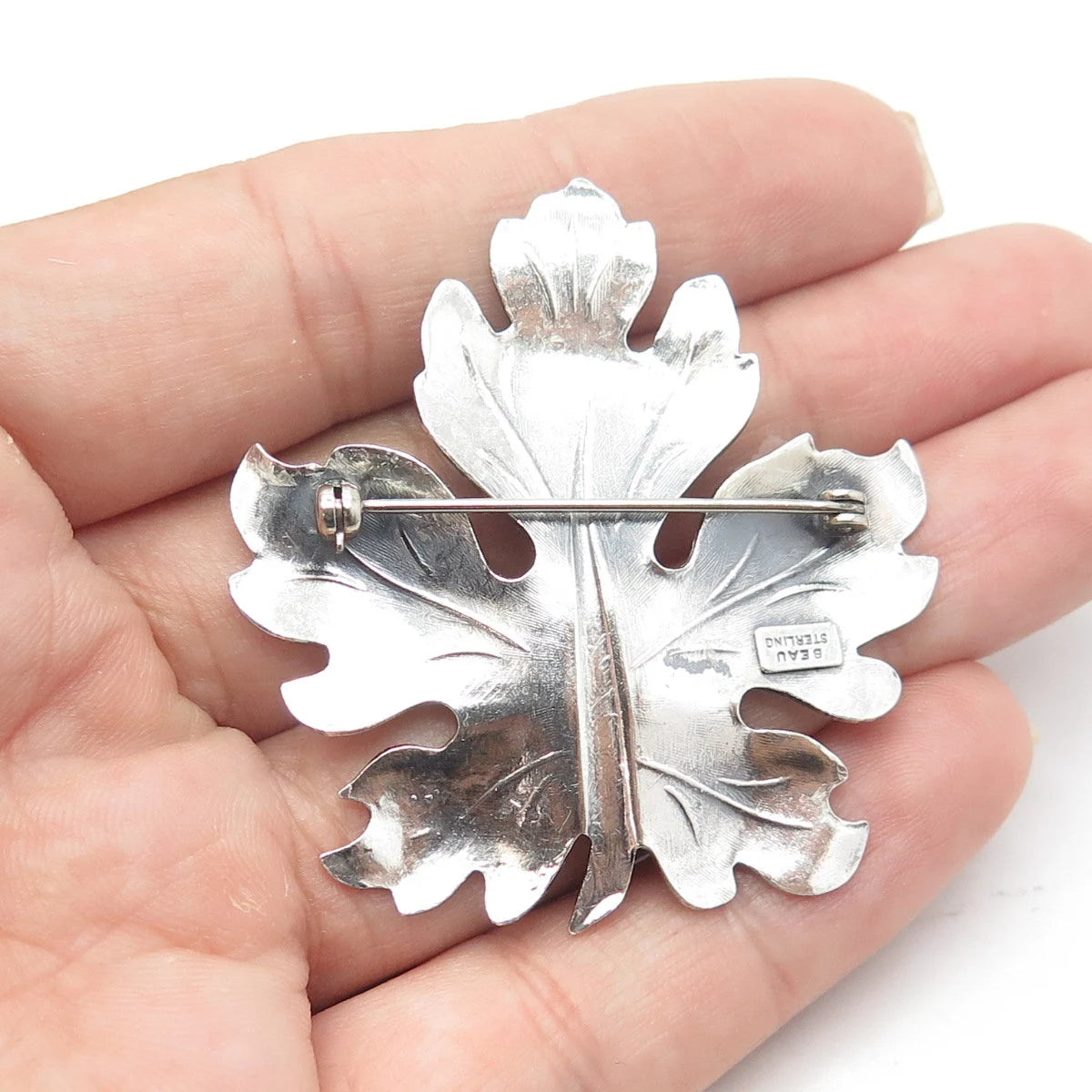 BEAU 925 Sterling Silver Vintage Handmade Textured Leaf Pin Brooch