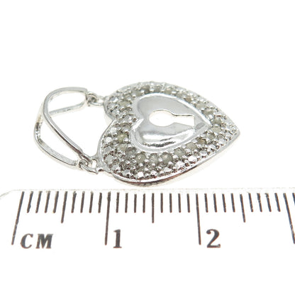 925 Sterling Silver Real Round-Cut White Diamond Heart Lock Pendant