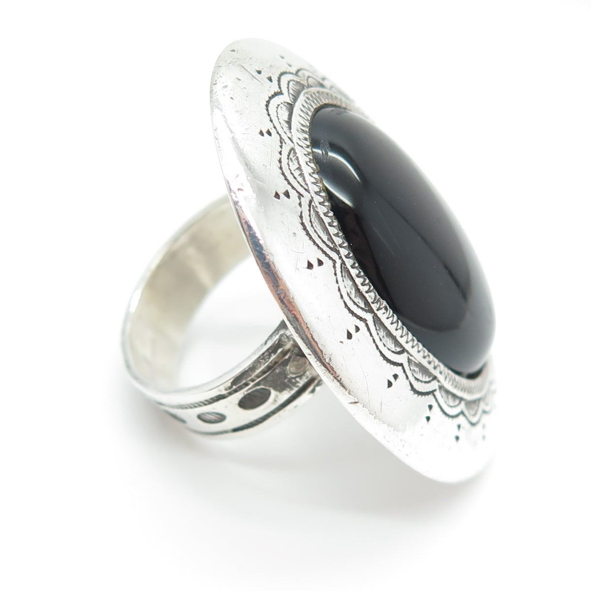 LUCE Old Pawn Sterling Silver Vintage Real Black Onyx Statement Ring Size 8.25