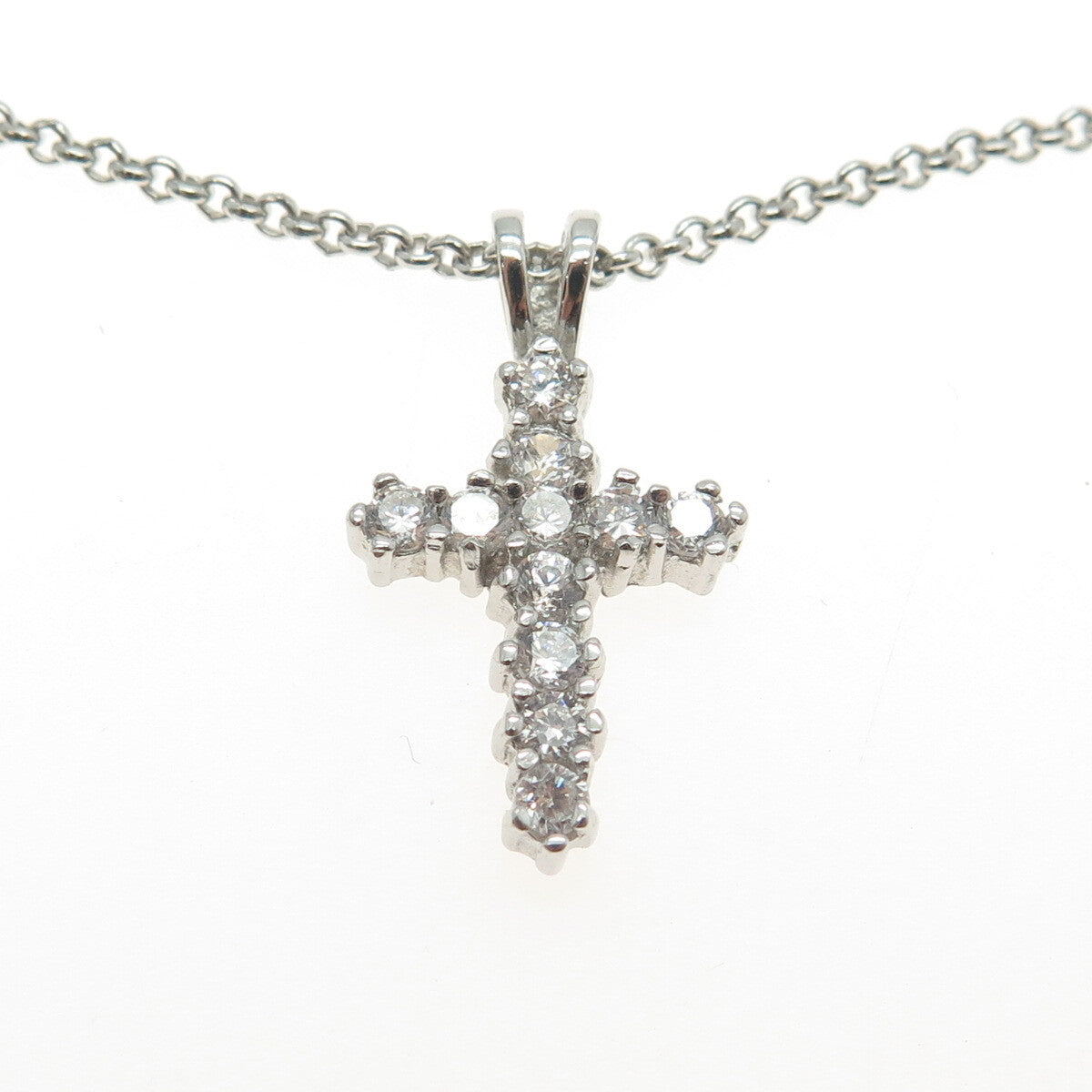 925 Sterling Silver Round-Cut C Z Cross Cable Chain Necklace 16"