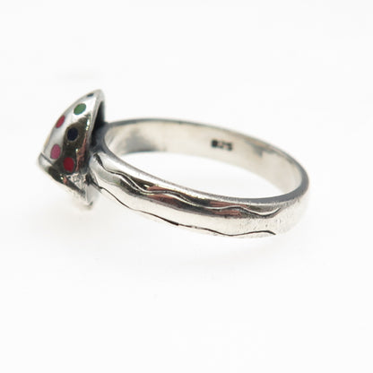 925 Sterling Silver Vintage Enamel Mushroom Oxidized Ring Size 9