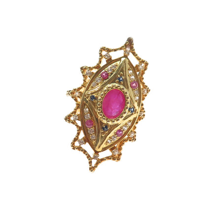DSMK 925 Sterling Silver Gold Plated Real Sapphire Ruby & Topaz Ring Size 7.25