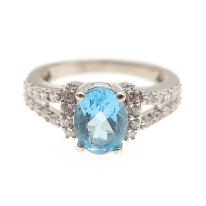 Sun 925 Sterling Silver Real Blue Topaz & C Z Ring Size 7