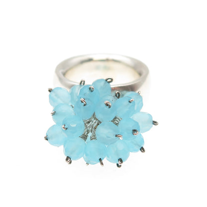 925 Sterling Silver Vintage Real Blue Sky Quartz Dangle Beads Ring Size 5