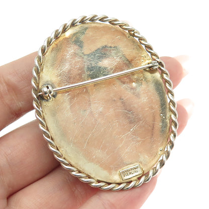 925 Sterling Silver Gold Plated Antique Carved Turquoise Lady Handmade Brooch